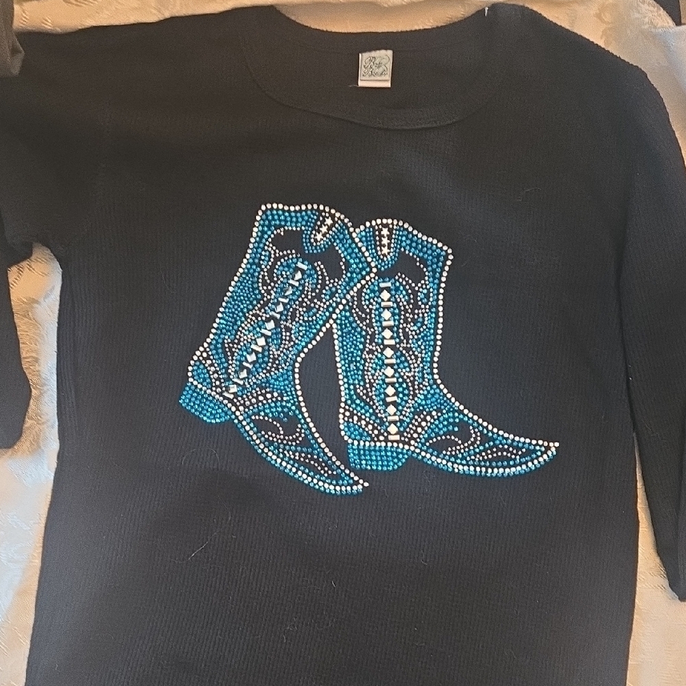Black Long Sleeve Top with Blue Boot Design